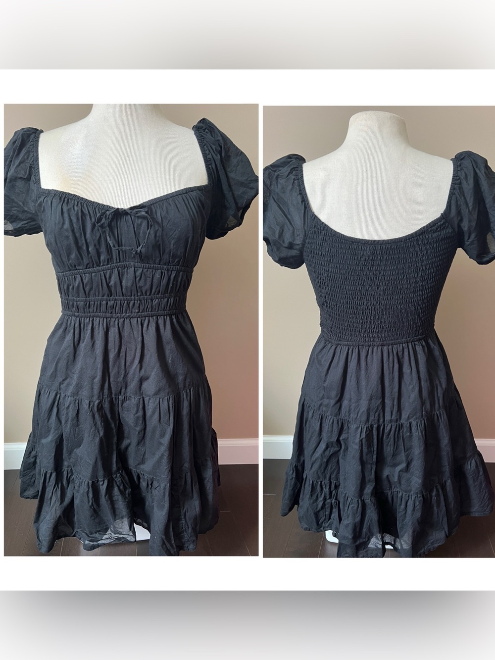 Hollister Black Smocked Waist Puff Tiered Mini Dress Puffed Sleeves/pockets SZ S